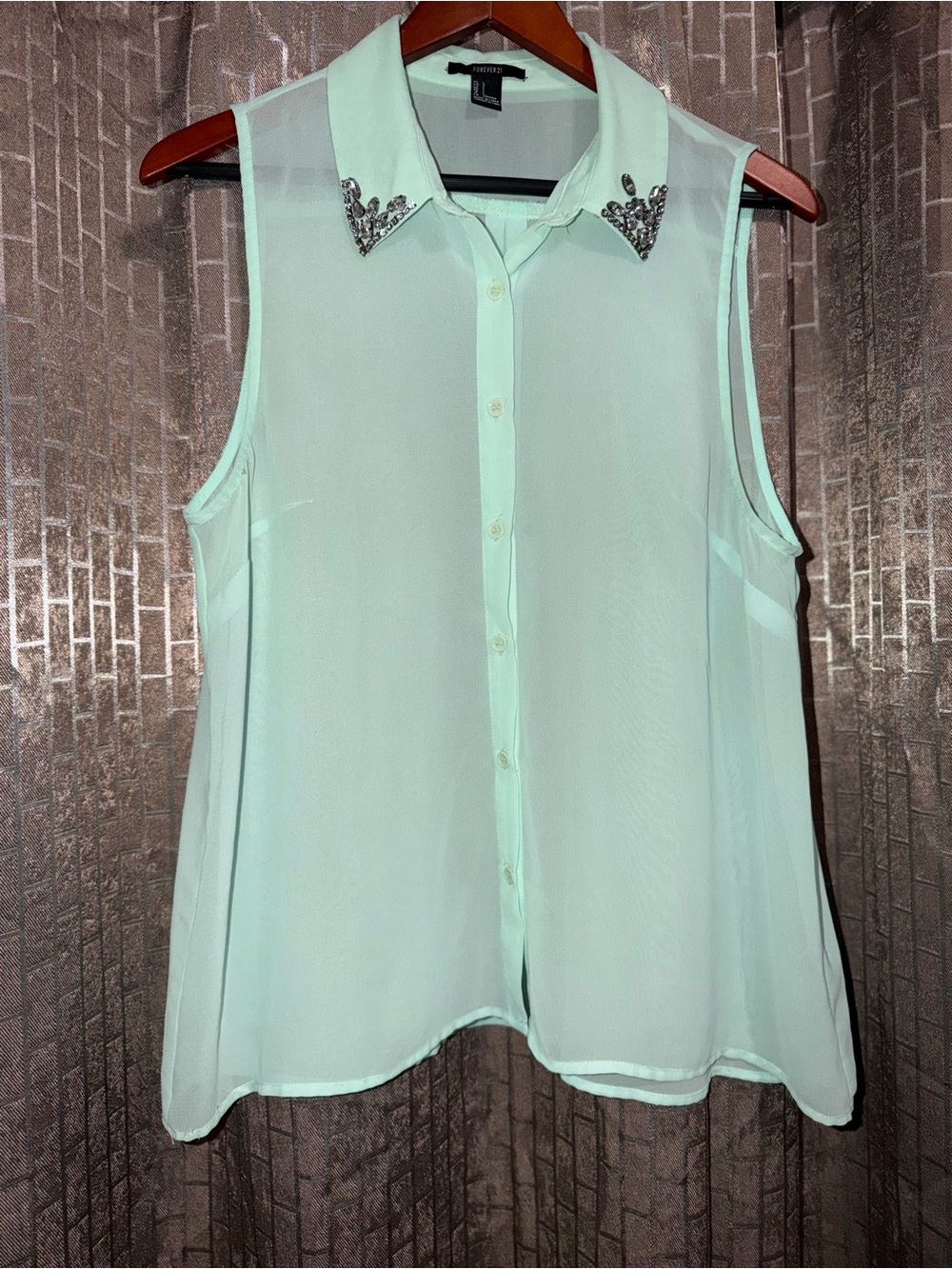 Forever 21 Embellished Collar Sleeveless Button-Front Top - Mint